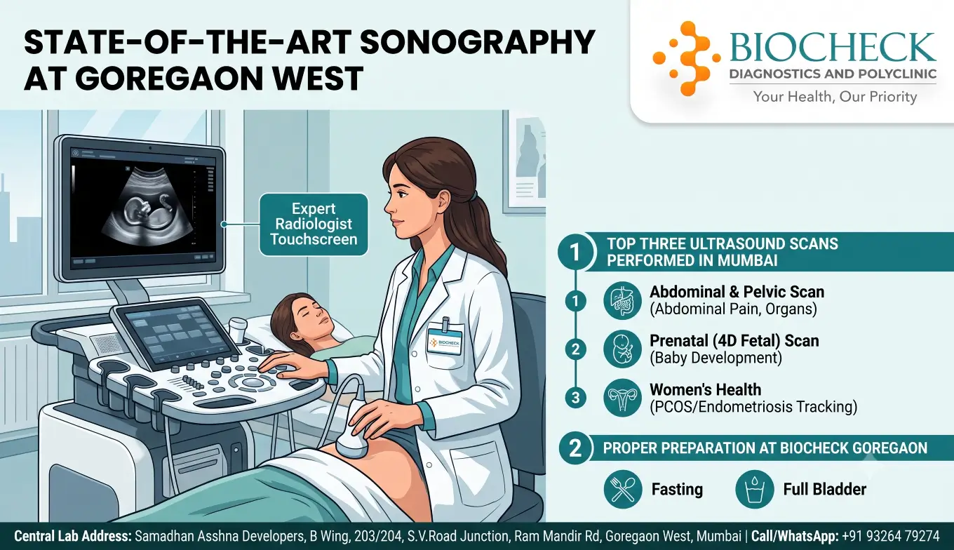 Biocheck Diagnostics And Polyclinic Blogs - A state-of-the-art sonography machine displaying a high-resolution ultrasound scan, operated by an expert radiologist at Biocheck Diagnostics in Goregaon West, Mumbai
