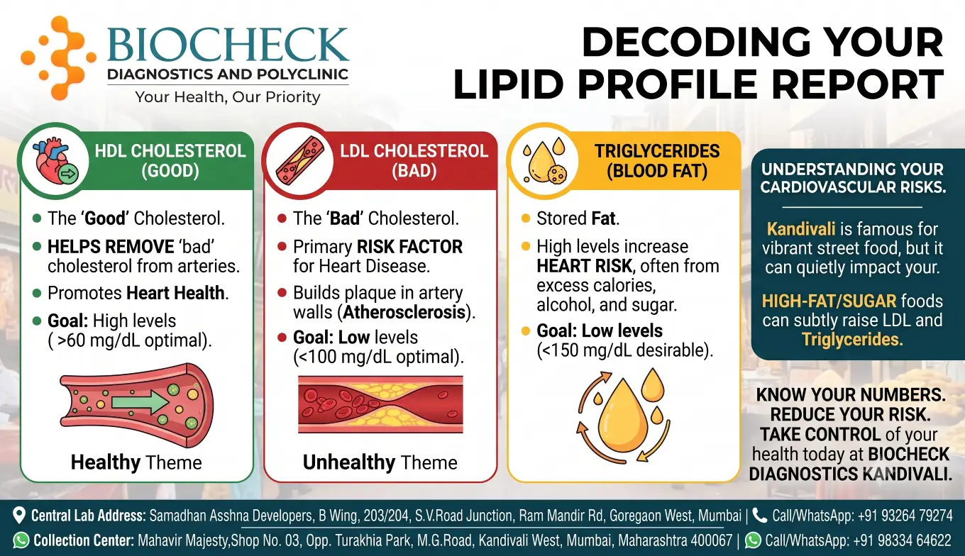 Biocheck Diagnostics And Polyclinic Blogs - A clear explanation of a Lipid Profile report showing HDL and LDL cholesterol levels at Biocheck Diagnostics Kandivali.