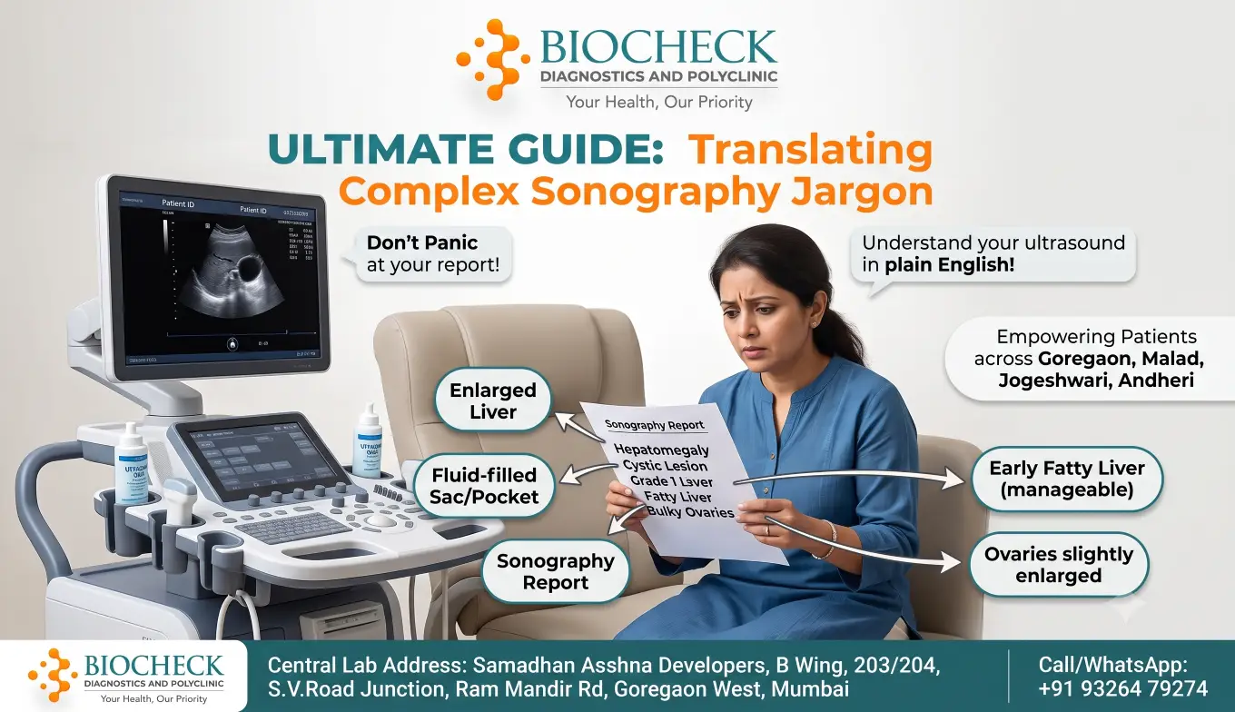Biocheck Diagnostics And Polyclinic Blogs - A patient reading a sonography report next to a high-resolution ultrasound machine monitor at Biocheck Diagnostics in Goregaon West, Mumbai