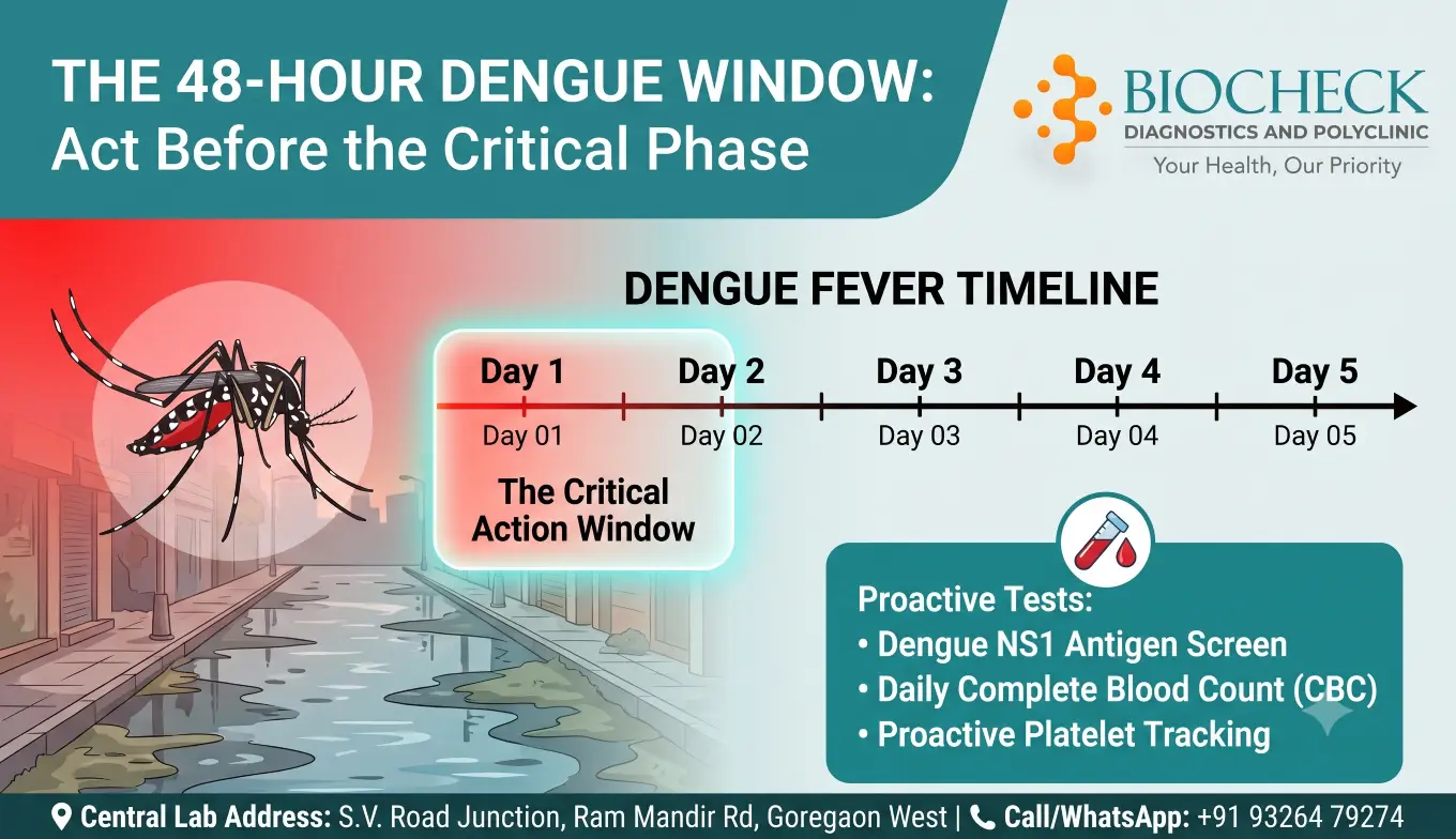 Biocheck Diagnostics And Polyclinic Blogs - An infographic illustrating the 48-hour critical diagnostic window for Dengue fever, showing the timeline for the NS1 Antigen test and daily platelet count tracking via CBC.