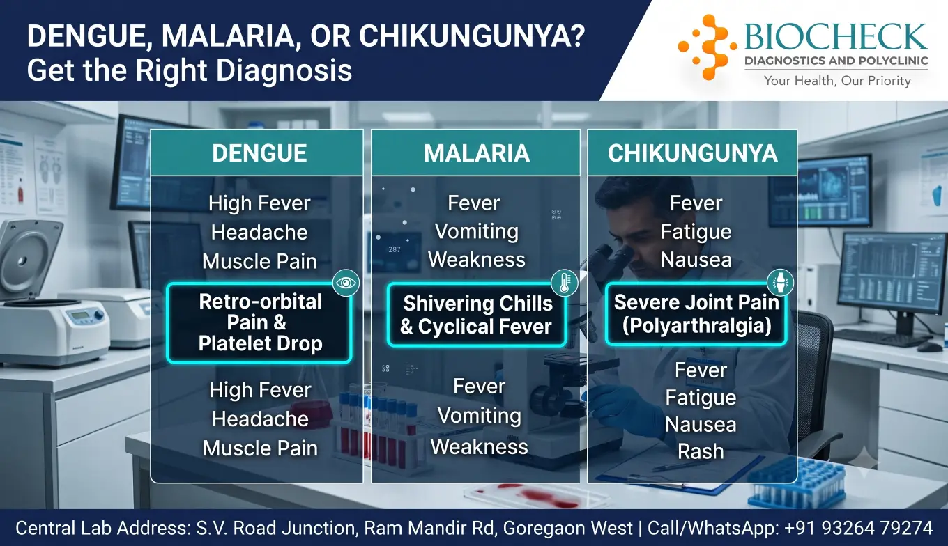 Biocheck Diagnostics And Polyclinic Blogs - A comparative medical chart illustrating the differing symptom profiles of Dengue, Malaria, and Chikungunya alongside the specific laboratory blood tests used to diagnose them.