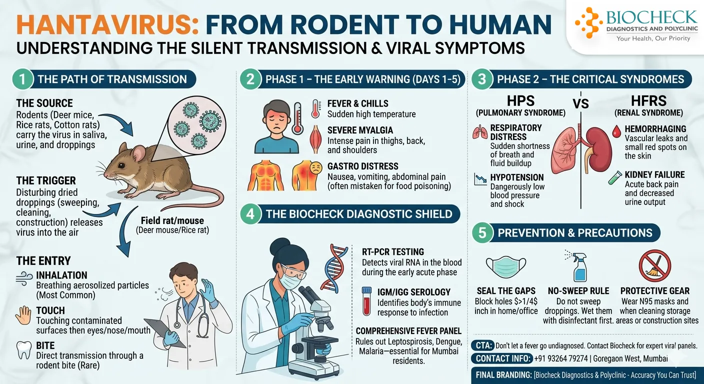 Biocheck Diagnostics And Polyclinic Blogs - An infographic showing the transmission of Hantavirus from rodents to humans through aerosolized particles and the resulting respiratory and renal symptoms.