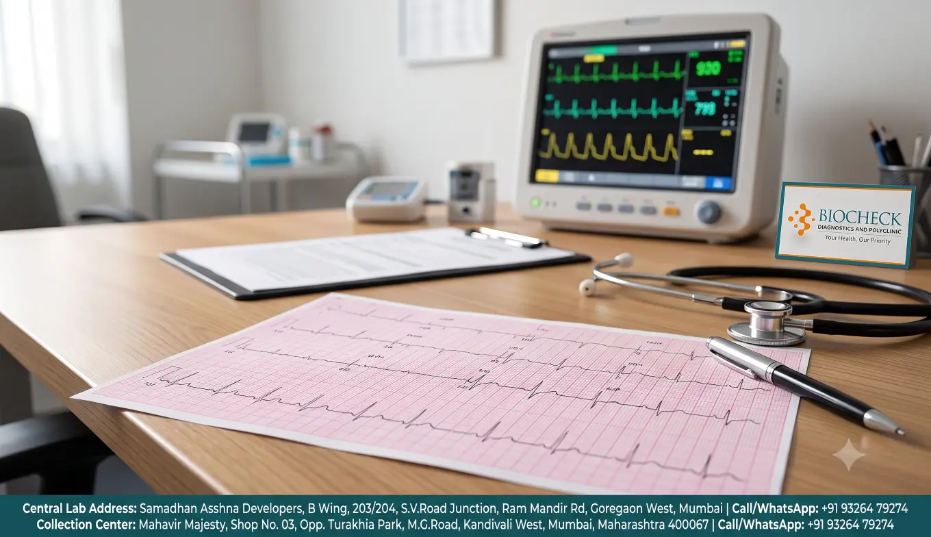 Biocheck Diagnostics And Polyclinic Blogs - An M.D. physician reviewing a printed 12-lead Electrocardiogram (ECG) report with graph waveforms at Biocheck Diagnostics in Goregaon West, Mumbai.