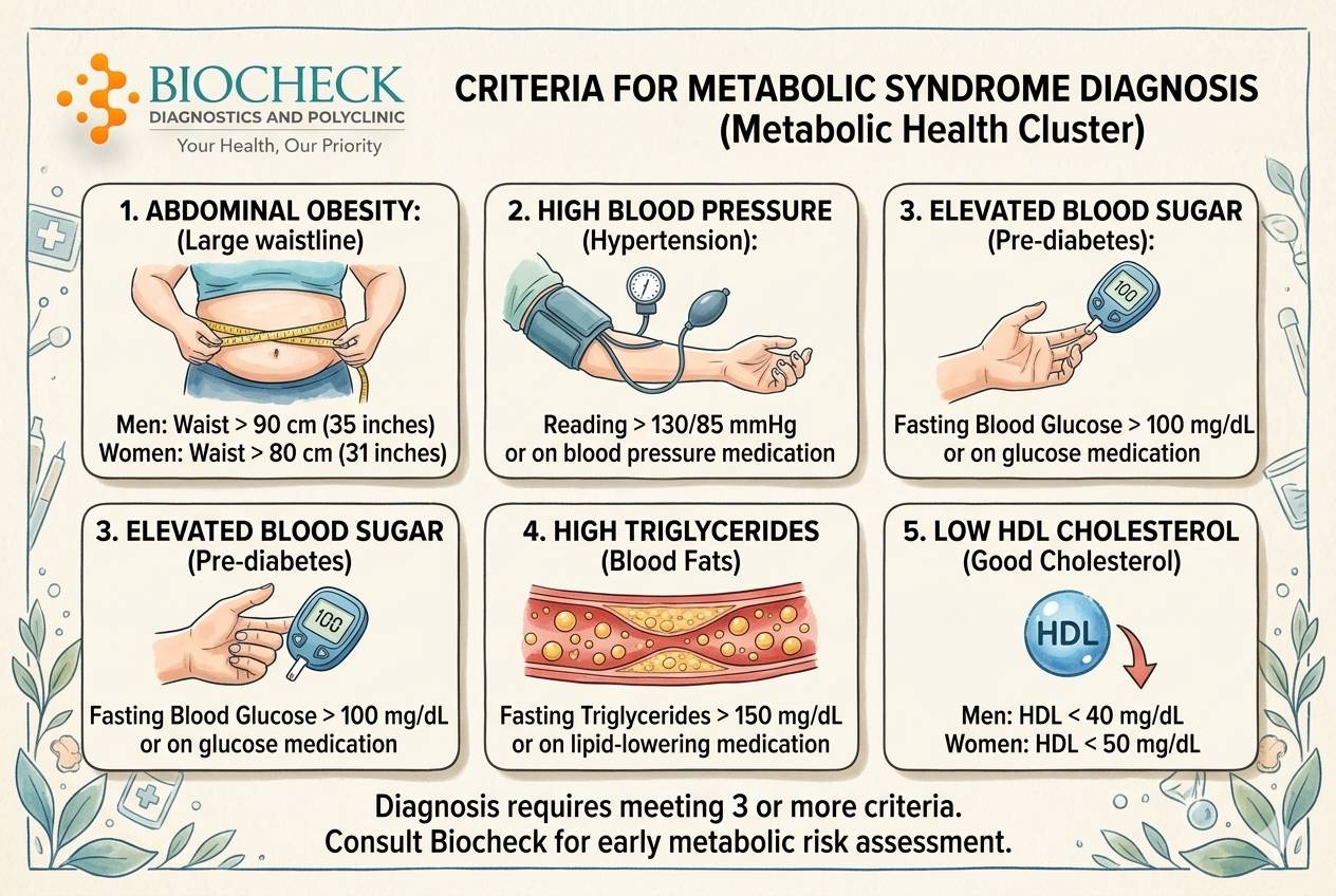 Biocheck Diagnostics And Polyclinic Blogs - Infographic showing the five criteria for Metabolic Syndrome diagnosis at Biocheck Mumbai.