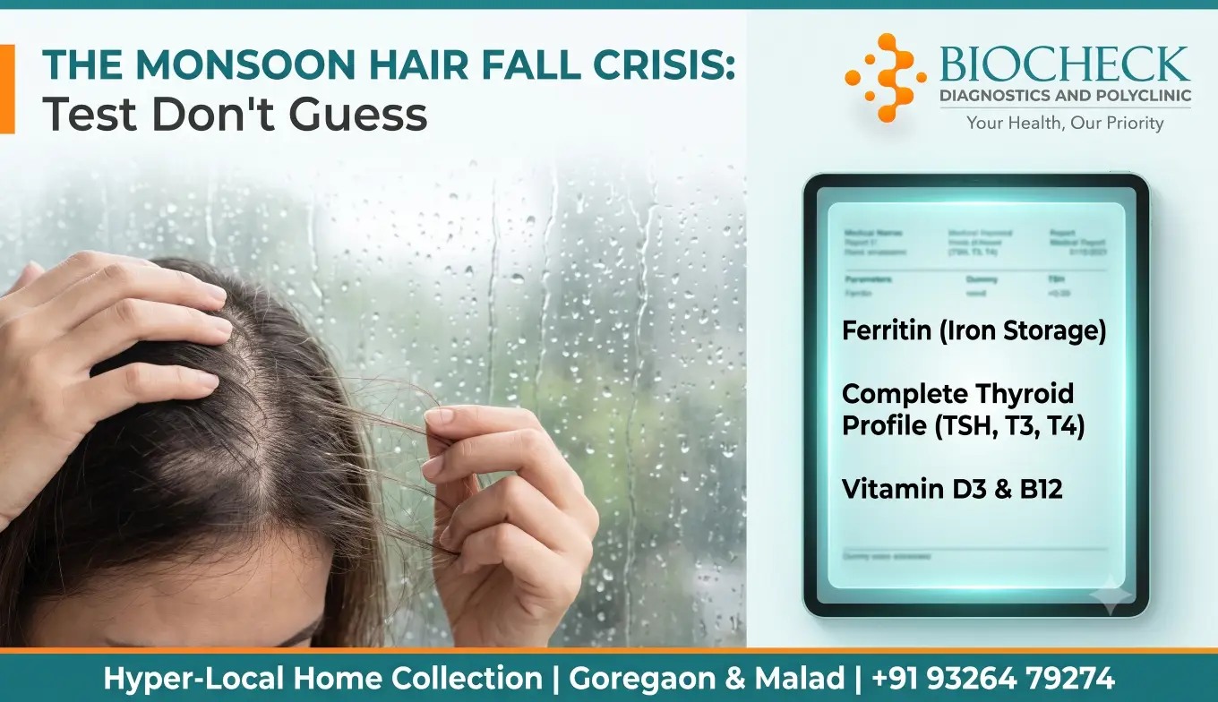 Biocheck Diagnostics And Polyclinic Blogs - A split-screen graphic showing the effects of heavy monsoon humidity on hair strands alongside a modern clinical blood test report highlighting Thyroid, Iron, and Vitamin D parameters.