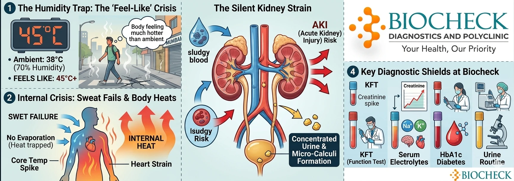 Biocheck Diagnostics And Polyclinic Blogs - Infographic showing the impact of Mumbai heatwave on kidneys and electrolyte levels with Biocheck Diagnostics branding.