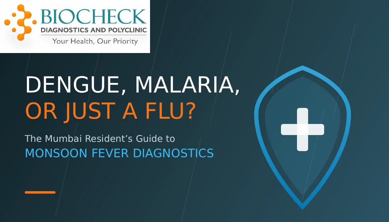 Biocheck Diagnostics And Polyclinic Blogs - Biocheck Diagnostics Mumbai Monsoon Health Readiness Guide 2026 infographic highlighting the Diagnostic Shield: Proactive Pathology Tests including Dengue NS1, Malaria Parasite Smear, Typhidot, Hepatitis A & E, and Leptospira IgM.