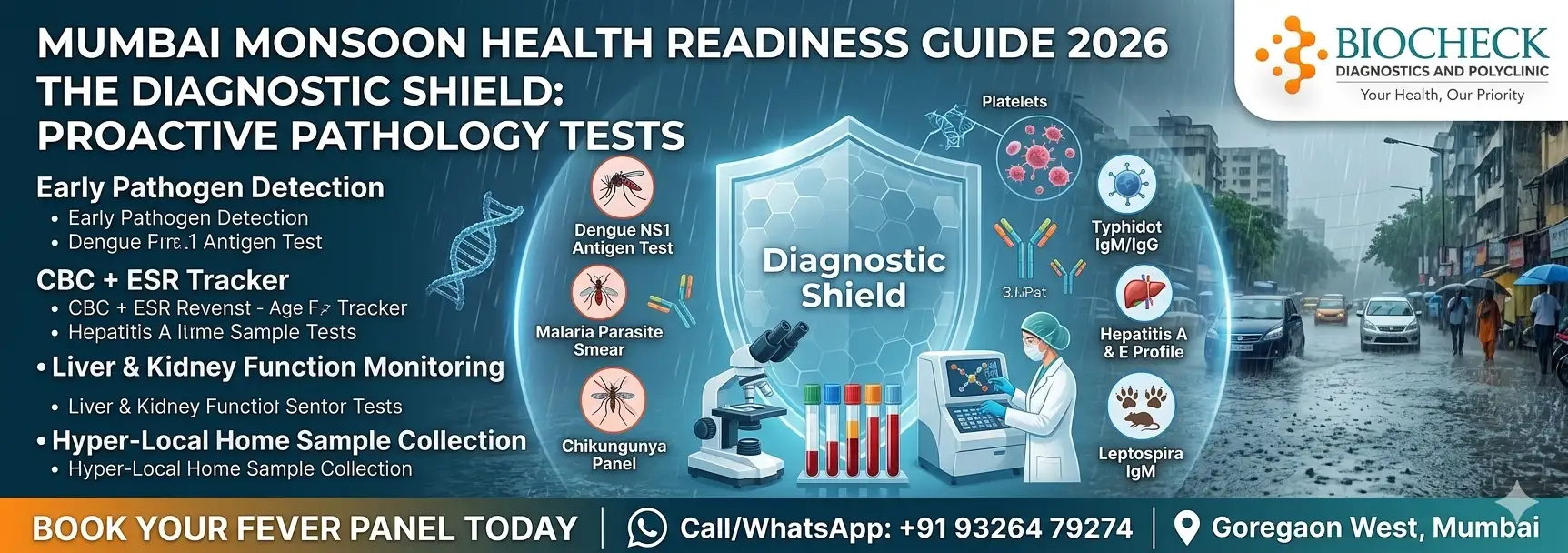 Biocheck Diagnostics And Polyclinic Blogs - A clinical medical infographic displaying the breakdown of monsoon vector pathogens alongside advanced molecular and pathology blood tests offered by Biocheck Diagnostics in Goregaon West, Mumbai.