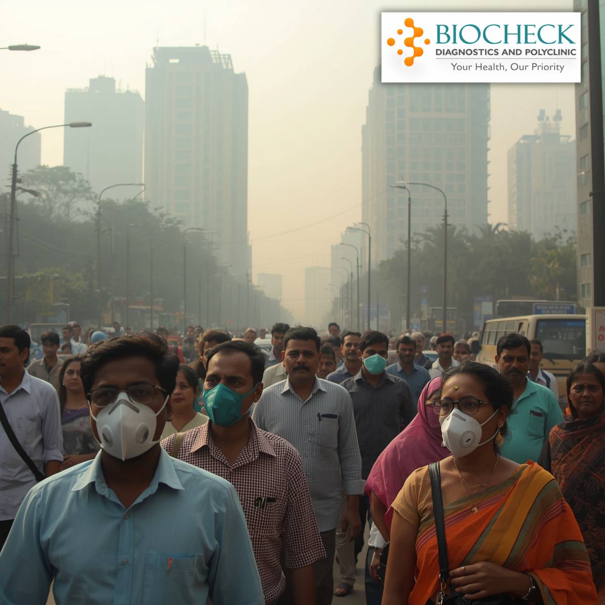 Biocheck Diagnostics And Polyclinic Blogs - An infographic from Biocheck Diagnostics and Polyclinic showing the pathway of air pollutants entering the lungs and affecting the human heart through the bloodstream