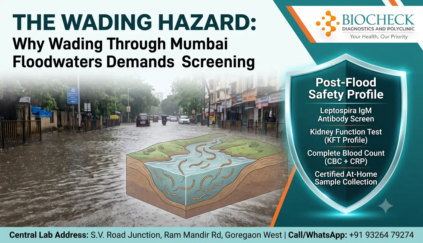 Biocheck Diagnostics And Polyclinic Blogs - A conceptual infographic image for a blog post. The left side shows a chaotic, rain-drenched Mumbai street scene (Goregaon/Malad area) under severe Red Alert flooding. Residents are wading through knee-deep, dirty water mixed with animal waste. Stylized Leptospira bacteria and warning icons flow from the water. The right side features a secure defensive shield with Biocheck Diagnostics branding, pushing back the pathogens. Inside the shield, a sterile diagnostic blood test vial is labeled Lepto IgM: Flood Exposure Screen. An MD Pathologist stamp (Teal and Orange molecule icon) confirms accuracy. The full BIOCHECK Diagnostics logo_2.png verbatim is embedded in the upper right. A footer displays: Urgent Home Sample Collection: 5–7 KM Radius (Goregaon/Malad/Andheri) | +91 93264 79274.