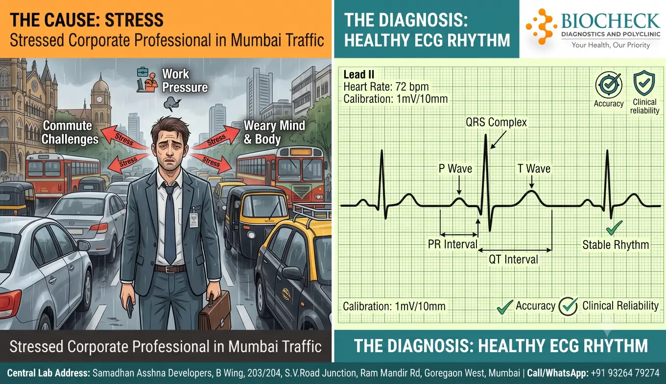 Biocheck Diagnostics And Polyclinic Blogs - A split graphic showing a stressed corporate professional in Mumbai traffic on the left, transitioning into a clear, clinical readout of a healthy Electrocardiogram (ECG) rhythm on the right.