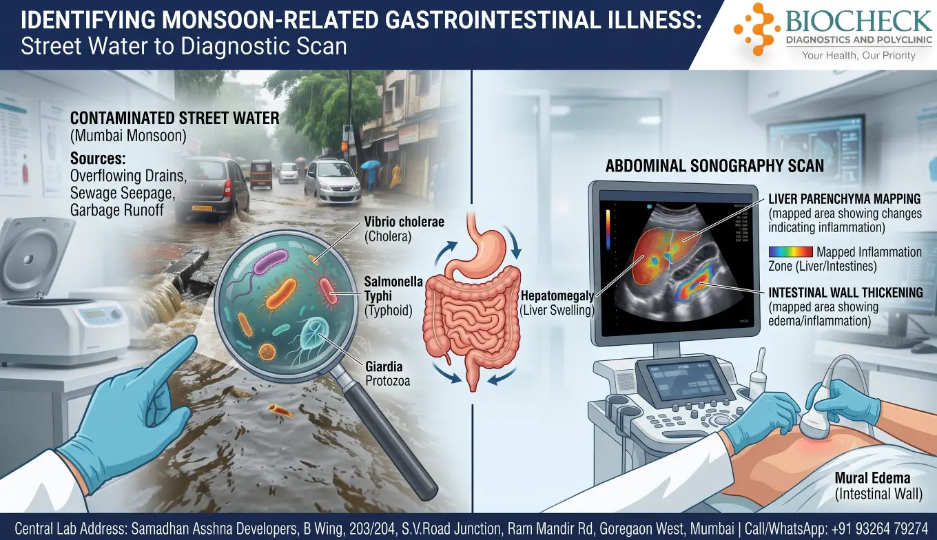 Biocheck Diagnostics And Polyclinic Blogs - A split clinical graphic showing contaminated monsoon street water on the left, contrasted with a modern, high-tech abdominal sonography (ultrasound) scan mapping liver and intestinal inflammation on the right.