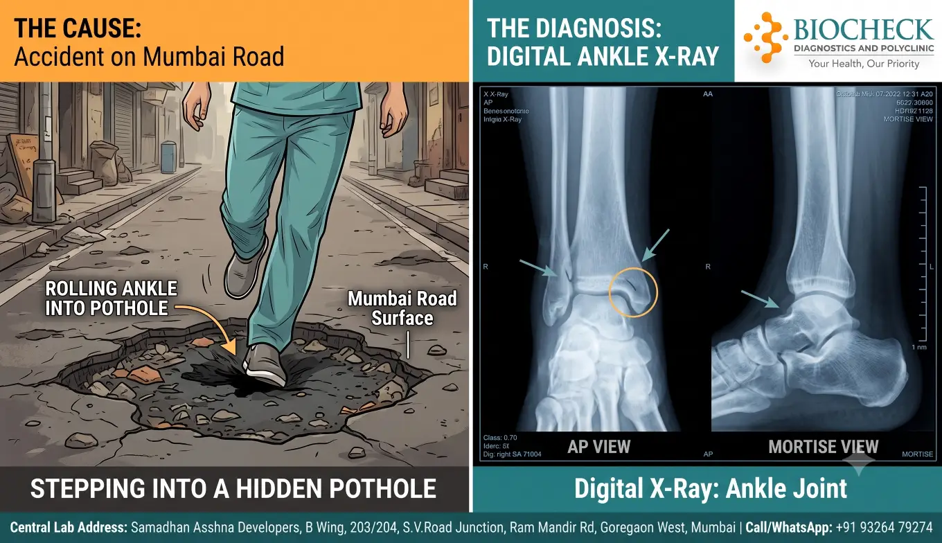 Biocheck Diagnostics And Polyclinic Blogs - A split clinical graphic showing a person stepping into a hidden pothole on a Mumbai street on the left, contrasted with a high-resolution Digital X-Ray of an ankle joint on the right.