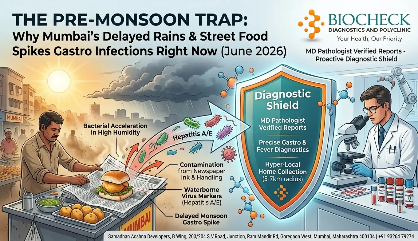 Biocheck Diagnostics And Polyclinic Blogs - A clean, modern diagnostic lab set-up at Biocheck Diagnostics Mumbai, emphasizing foodborne pathogen testing vials and sterile home collection kits during high-humidity season.