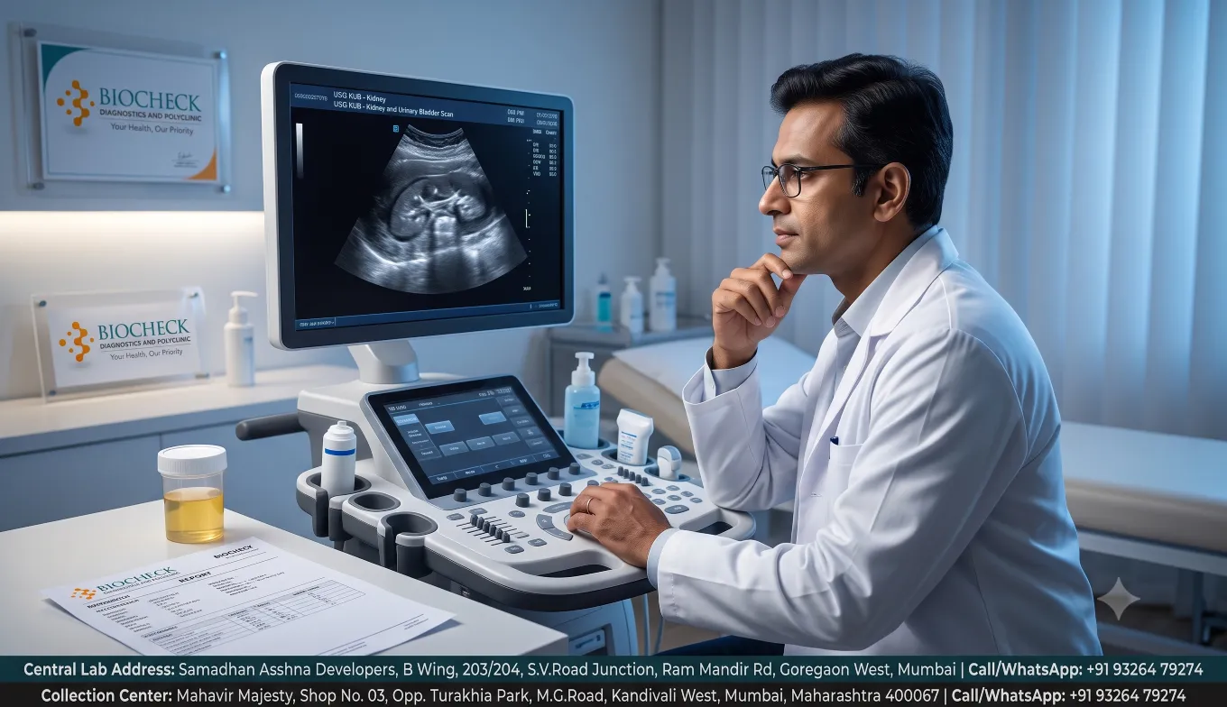 Biocheck Diagnostics And Polyclinic Blogs - A medical professional analyzing a high-resolution KUB Ultrasound scan for kidney stones at Biocheck Diagnostics central laboratory in Goregaon, Mumbai.