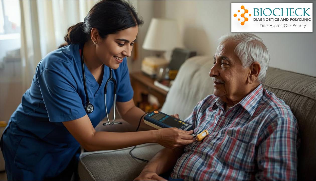 Biocheck Diagnostics And Polyclinic Blogs - A professional medical technician performing a portable ECG test for an elderly patient at home from Biocheck Diagnostics and Polyclinic in Andheri, Goregaon, Malad, and Borivali.