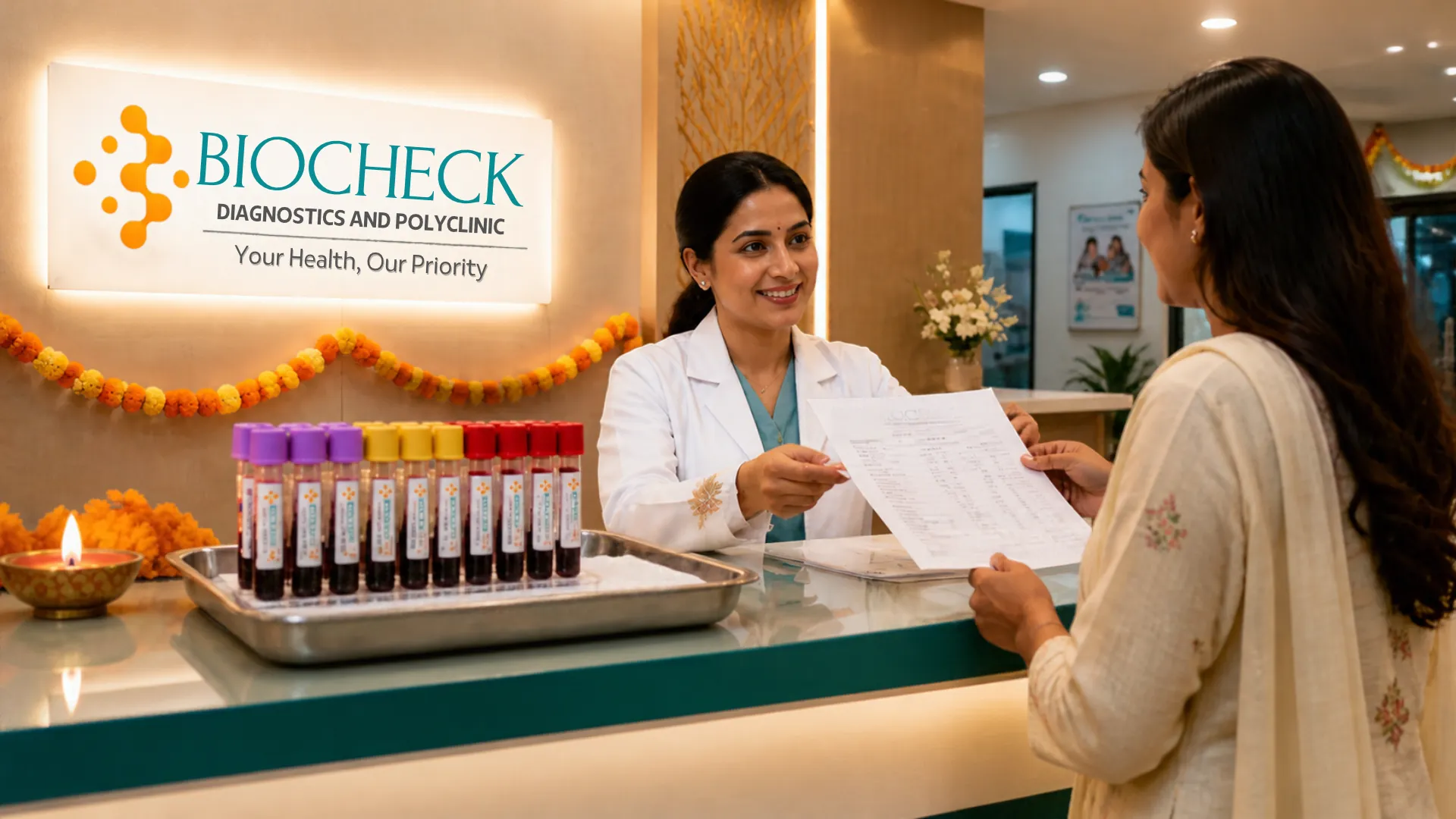 Biocheck Diagnostics And Polyclinic Blogs - A proactive Indian patient consulting with a phlebotomist at Biocheck Diagnostics in Kandivali, preparing for a preventive health checkup ahead of the Diwali festive season.