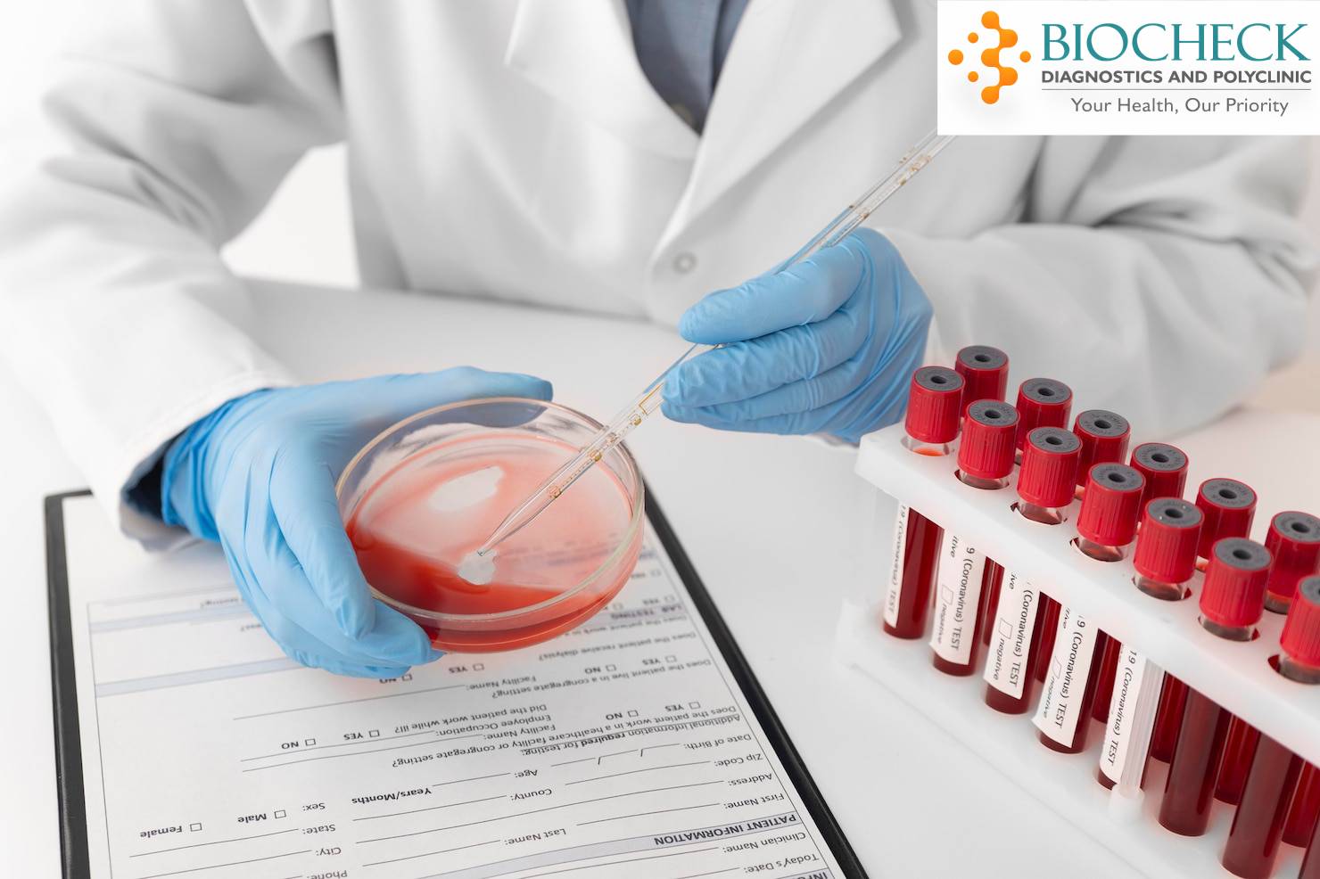 Biocheck Diagnostics And Polyclinic Blogs - A medical professional reviewing a CBC blood test report with a digital interface showing 2026 hematology data.
