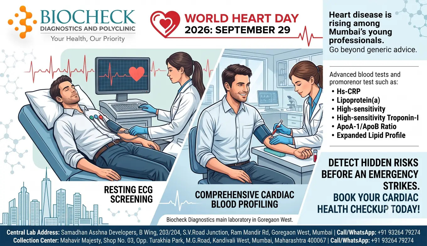 Biocheck Diagnostics And Polyclinic Blogs - A patient undergoing a resting ECG and comprehensive cardiac blood profiling at Biocheck Diagnostics main laboratory in Goregaon West for World Heart Day.